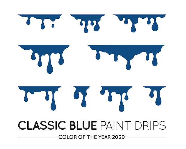 Clássico Conjunto de Tinta Gotejamento Azul Líquido Pinga Fluxos de Tinta Manchas Correntes Gotas Tintas Ilustração em vetor