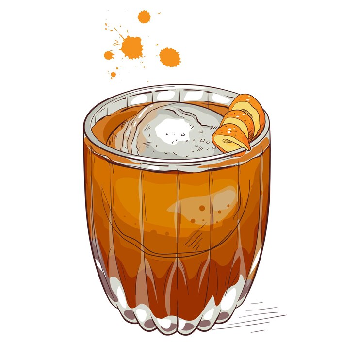 Vetor clássico coquetel antiquado com toque de laranja e cubo de gelo redondo bebida de uísque ousada e elegante
