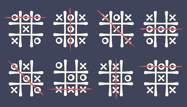 Vetor clássico jogo infantil de tic tac toe conjunto de modelos de contorno desenhados à mão famoso jogo emocionante em fundo preto cruz zero linhas competição conceito quebra-cabeça vetor ilustração