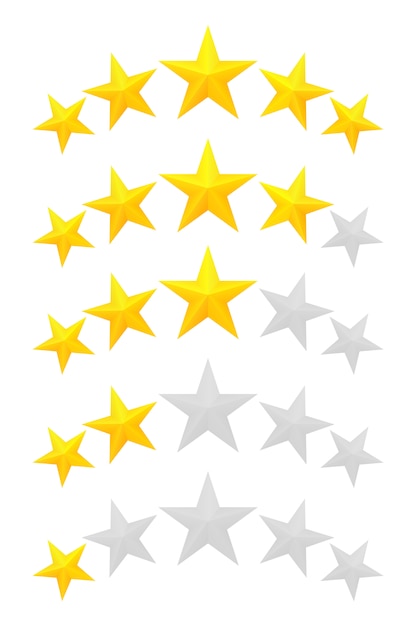 Vetor classificação de cinco estrelas. níveis diferentes de uma a cinco estrelas. estrelas douradas em relevo e cinza transparentes.