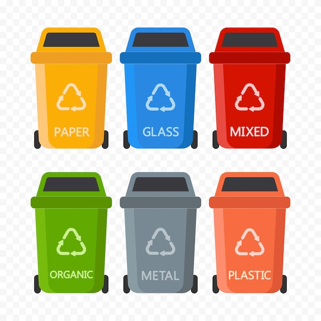 Classificação, separação e reciclagem ambiental de resíduos em latas de lixo Ilustração vetorial