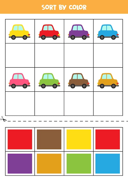 Classifique por cores. carros bonitos e coloridos. aprender cores básicas para crianças.