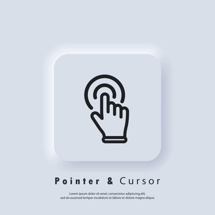Vetor clicar no ícone do dedo, cursor. ponteiro de mão, clicando no ícone. vetor eps 10. botão de web de interface de usuário branco neumorphic ui ux. neumorfismo