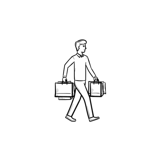 Cliente carregando sacolas de compras ícone de doodle de contorno desenhado de mão. compra, cliente de varejo, conceito de venda da loja