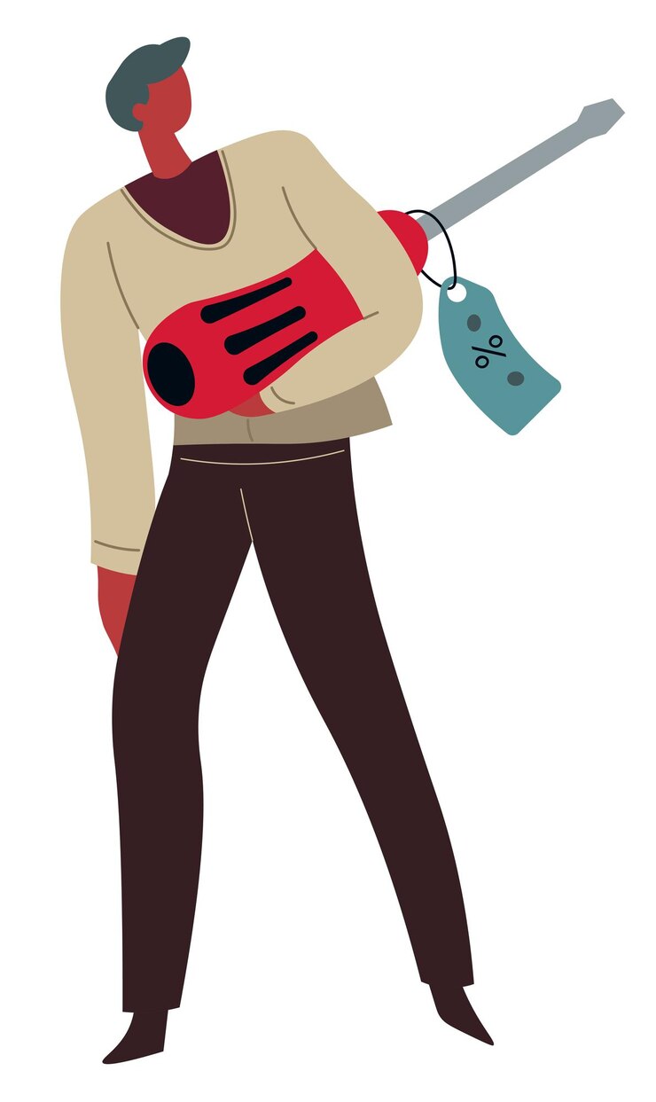 Vetor cliente da loja de ferramentas, personagem masculino segurando perfurador com etiqueta de preço. homem com furadeira com desconto. personagem comprando instrumento da loja para reparadores e construtores, vetor em apartamento
