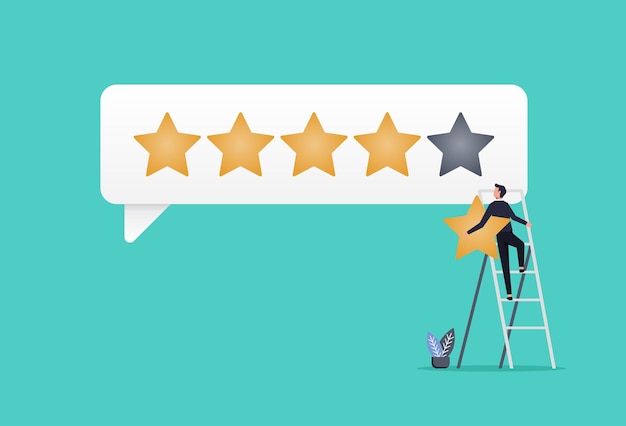 Vetor cliente dando reputação de revisão de classificação de 5 estrelas e feedback do cliente um homem sobe a escada para obter a melhor classificação