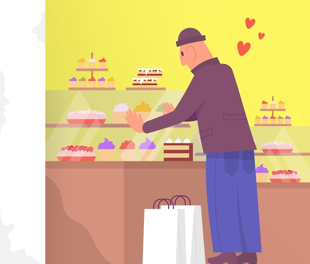 Cliente do sexo masculino feliz, escolhendo e comprando bolo na padaria. ilustração dos desenhos animados de vetor plana a cores.