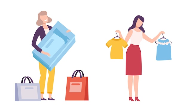 Cliente feminina escolhendo roupas em um conjunto vetorial de loja de moda