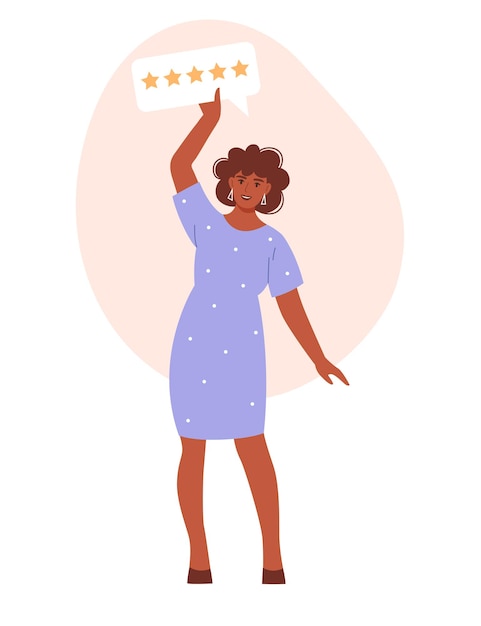 Cliente feminino feliz dá classificação de 5 estrelas. conceito de feedback. ilustração em vetor plana.