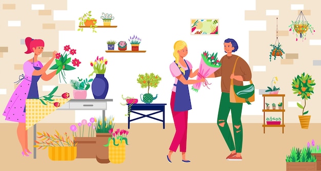 Cliente personagem masculino compra buquê loja de plantas de flores florista e jardineiro trabalho ilustração vetorial plana loja de varejo orgânico