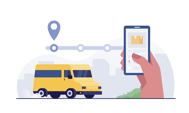 Cliente usando aplicativo móvel para rastreamento de entrega de pedidos. mão humana com smartphone.