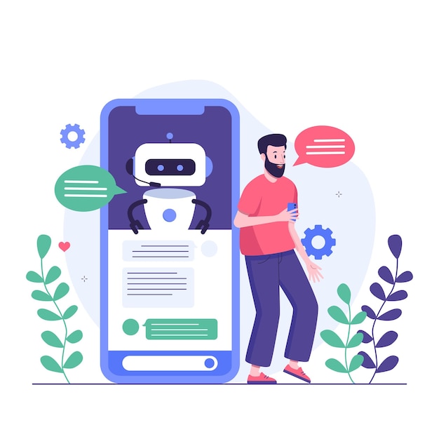 Vetor clientes tendo diálogo com chatbot na tela do smartphone