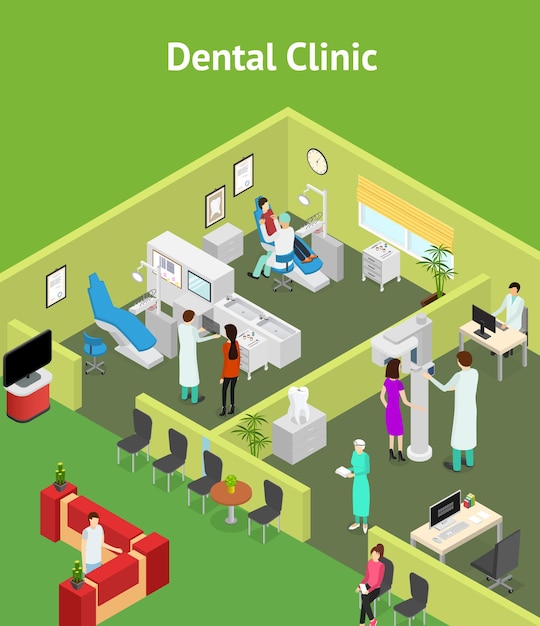 Clínica de medicina e odontologia interior com móveis visão isométrica tratamento dentário em uma ilustração vetorial verde do projeto hospitalar equipamento e pessoas de estomatologia