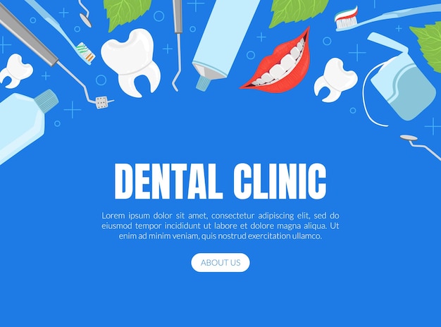 Vetor clinica dentária landing page template web site de odontologia interface com ferramentas estomatológicas ilustração vetorial