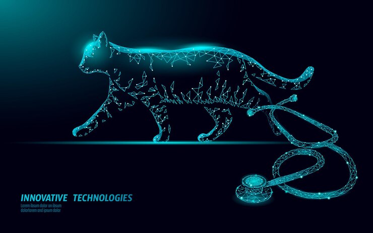 Vetor clínica veterinária de silhueta de gato. infecção do vírus do estetoscópio de análise. ajuda médica de cuidados veterinários. ilustração on-line do médico do hospital veterinário.