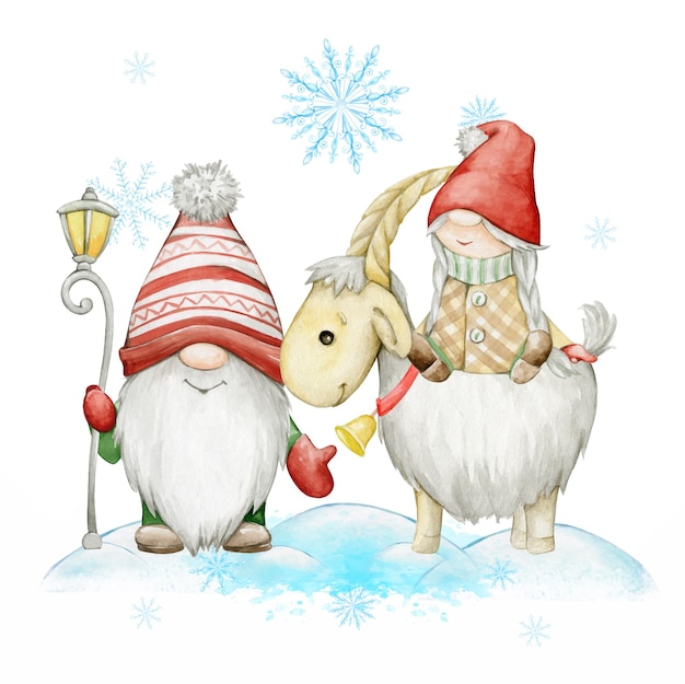 Clip art de aquarela de cabra gnomo de Natal em estilo de desenho animado em um fundo isolado
