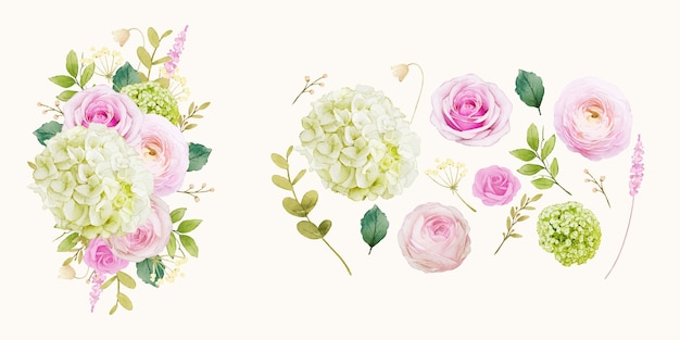 Clip-art de flores de rosas e hortênsias