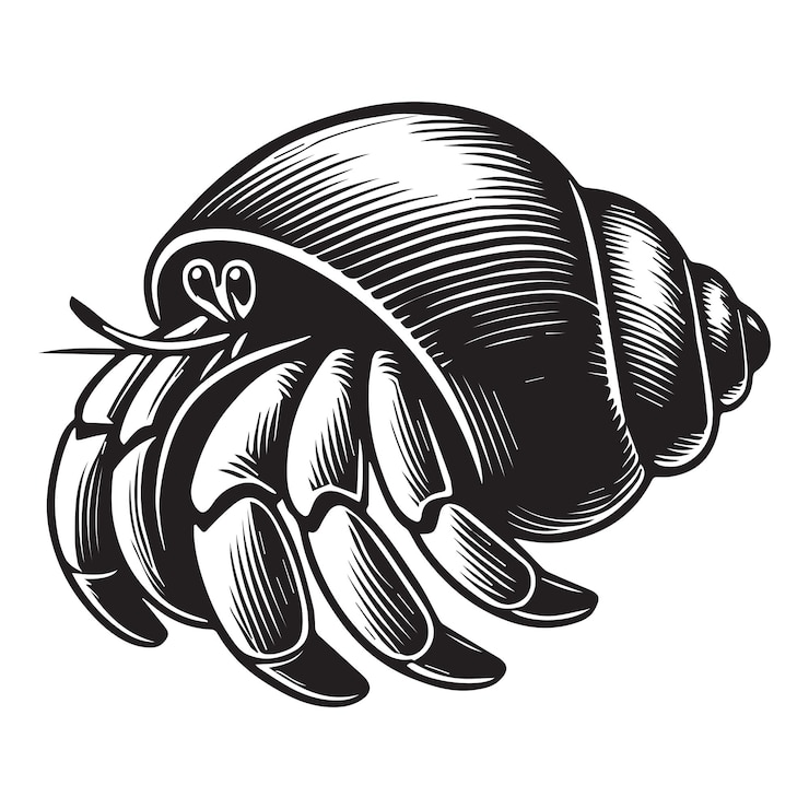 Vetor clip art silhueta de caranguejo eremita ilustração em preto e branco de paguroidea