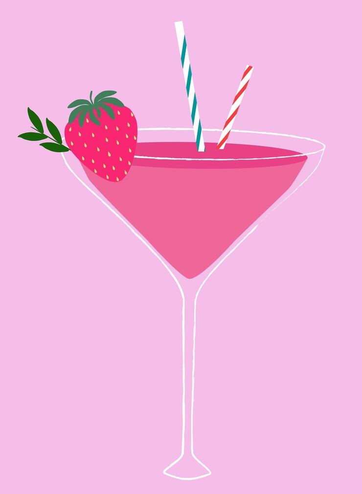 Vetor clip art vetorial com coquetel rosa em vidro e morango