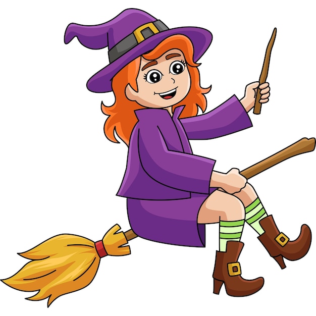 Vetor clipart colorido de desenho animado menina bruxa em uma vassoura