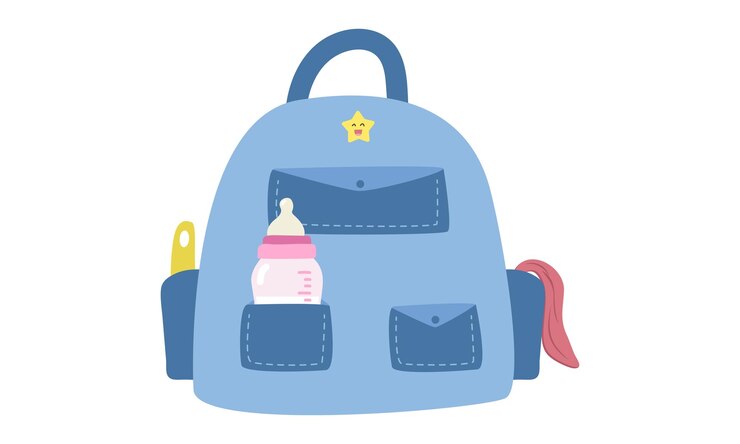 Vetor clipart de bolsa de bebê. bolsa mãe azul com mamadeira de bebê, toalha, pincel de garrafa vetor plano