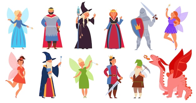 Vetor clipart de conto de fadas personagens mágicos medievais desenho animado menina fada dragão e assistente de fantasia roupas de halloween história de livro infantil conjunto de vetores decente