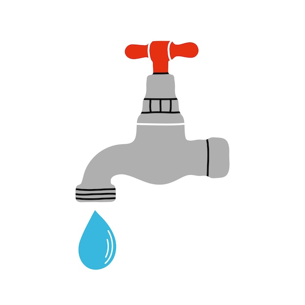 Clipart de elemento de água em estilo de linha plana Ilustração vetorial desenhada à mão de torneira e gota de água