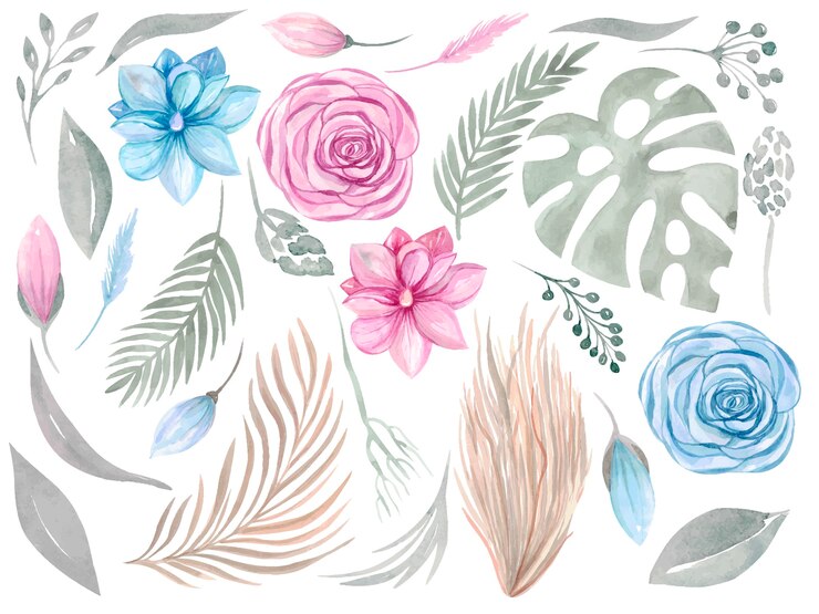 Vetor clipart de elemento floral. coleção boho. conjunto de flores rosa magnólia