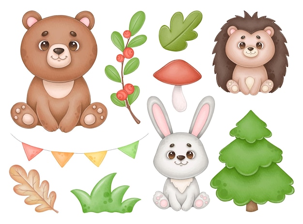 Vetor clipart de floresta com animais fofos