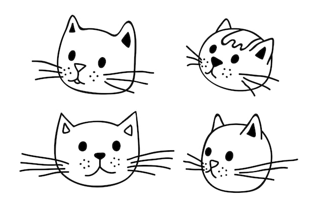 Clipart de focinho de gato desenhado à mão conjunto de rabiscos de rosto de animal de estimação fofo