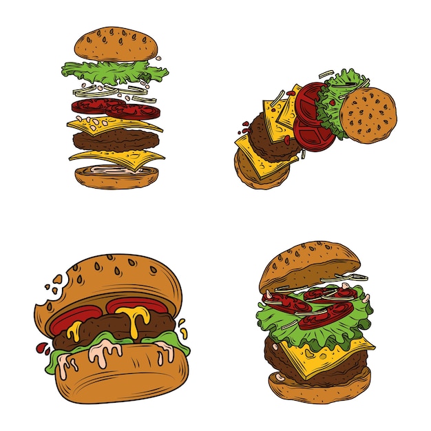 Clipart de hambúrguer fast food com camadas de hambúrguer, hambúrguer mordido e ingredientes