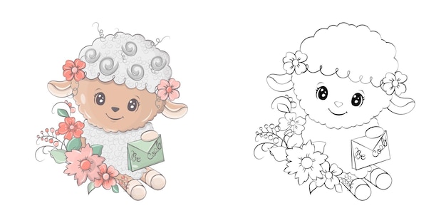 Clipart de ovelha bonito para colorir e ilustração. cordeiro de ilustração feliz com flores.