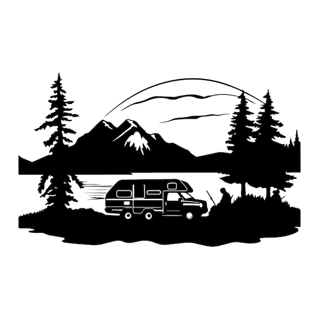 Clipart de silhueta de cena de acampamento em um fundo branco