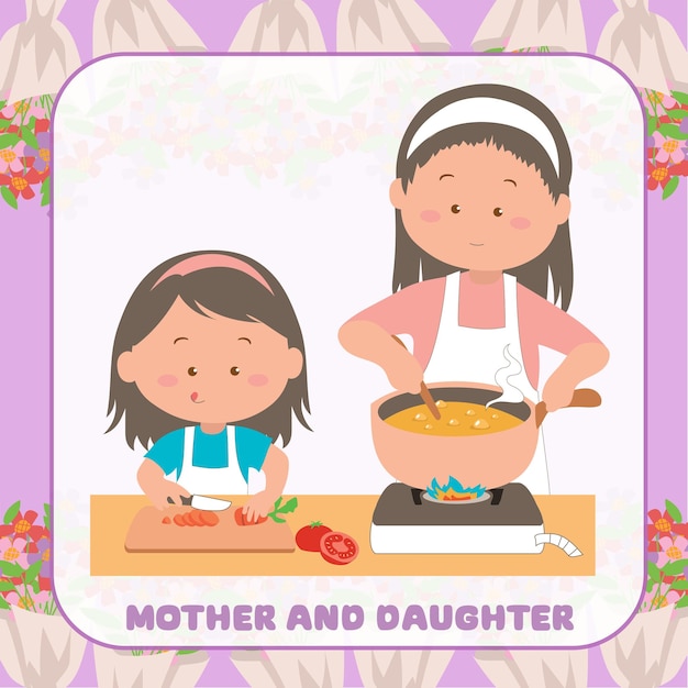 Vetor clipart de uma mãe cozinhando uma refeição com sua pequena filha feliz dia das mães arquivo vetorial