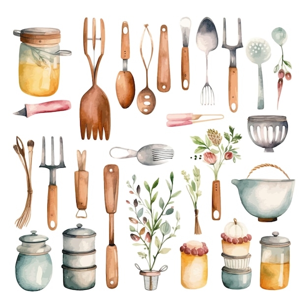 Vetor clipart de utensílios de cozinha aquarela para decoração de padaria fundo branco