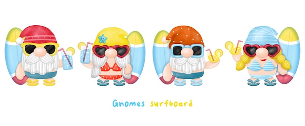 Clipart de verão de prancha de surf de gnomos em aquarela