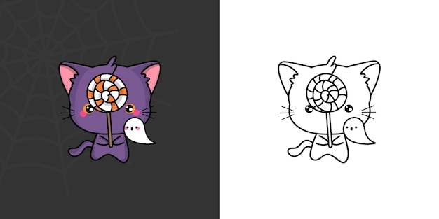 Clipart dia das bruxas violeta gato multicolorido e preto e branco. gato bonito do dia das bruxas da arte do grampo.