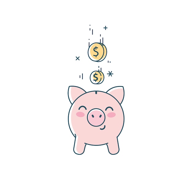 Clipart do cofrinho. porco salvador bonito e ilustração plana linear de moedas caindo.