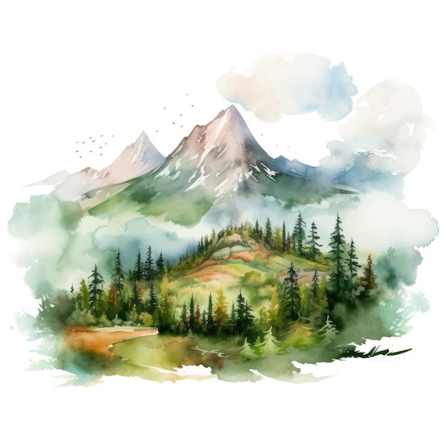 Vetor clipart elegante em aquarela com uma paisagem montanhosa de tirar o fôlego