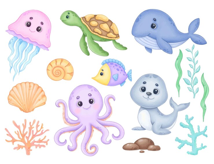 Vetor clipart em aquarela de animais subaquáticos