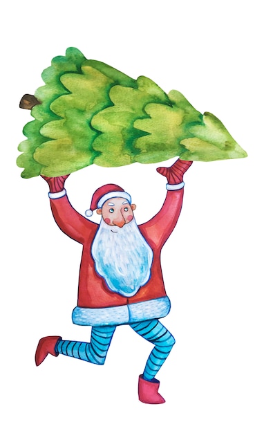 Clipart em aquarela. feliz ano novo. cartão postal de natal, pôster. aquarela de papai noel. árvore de natal.