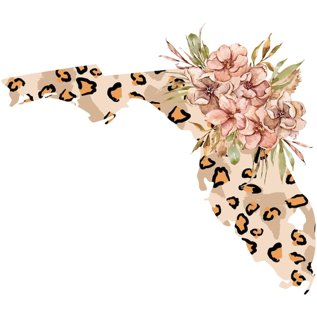 Clipart floral aquarela do mapa do estado da flórida isolado em fundo transparente para impressão por sublimação