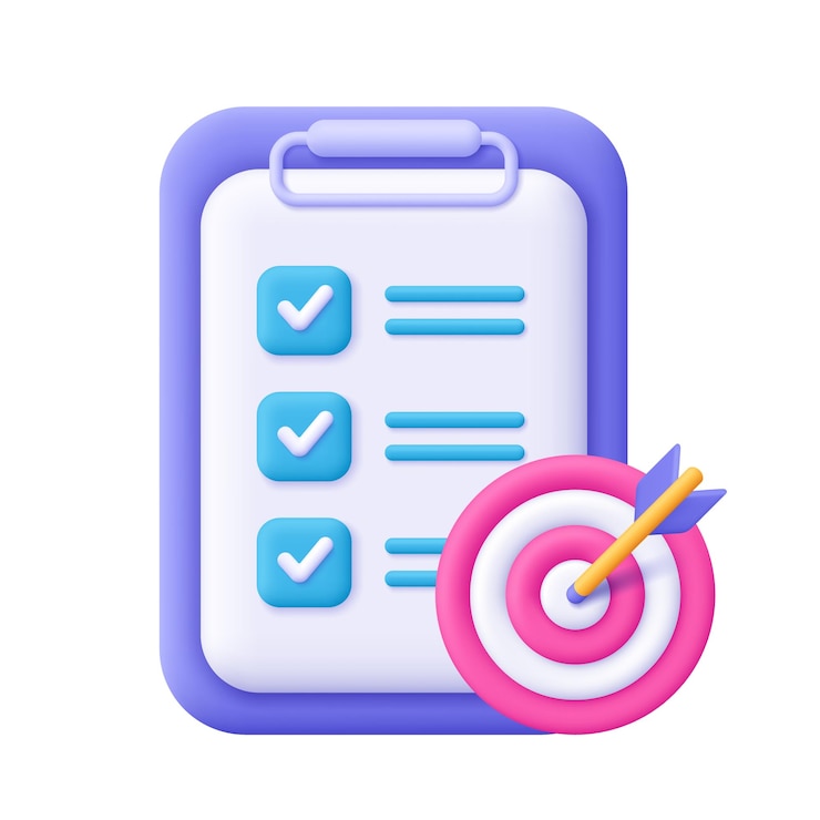 Vetor clipboard com lista de verificação e alvo alvo de sucesso empresarial ícone vetorial 3d estilo minimalista de desenho animado