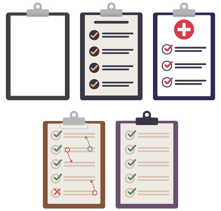 Vetor clipboards com folhas de papel com ícones planos isolados em fundo branco