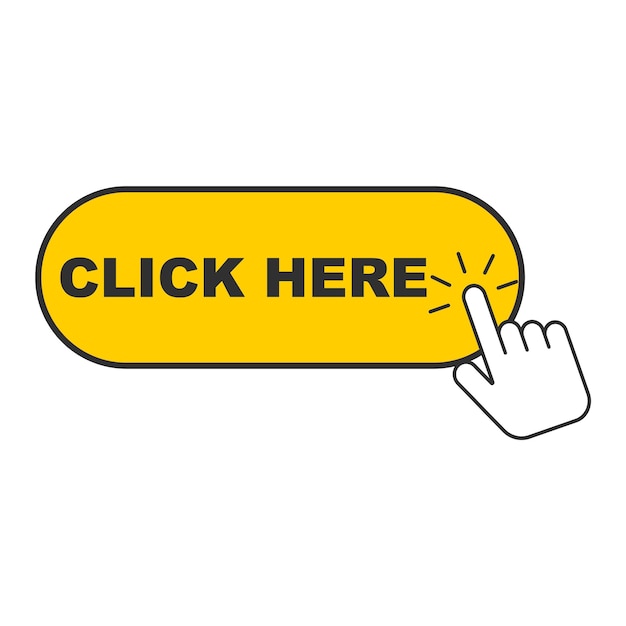 Vetor clique aqui botão com o ícone de mão isolado no fundo branco ilustração vetorial