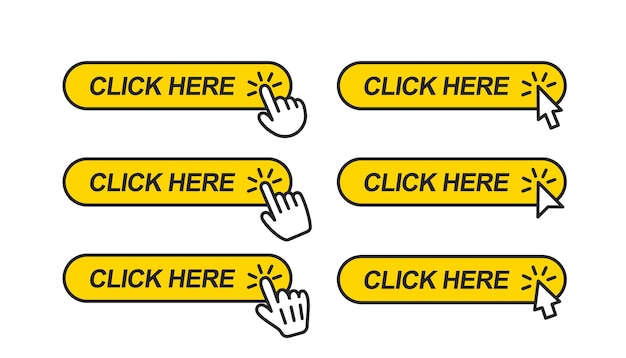 Clique aqui. ícone para site da web. conjunto de indicadores de clique e cursores do mouse em formato retangular amarelo
