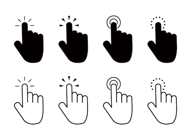 Vetor clique no ícone do dedo definido tocando o cursor com a mão escolha o símbolo do ponteiro para o aplicativo do site rato preto