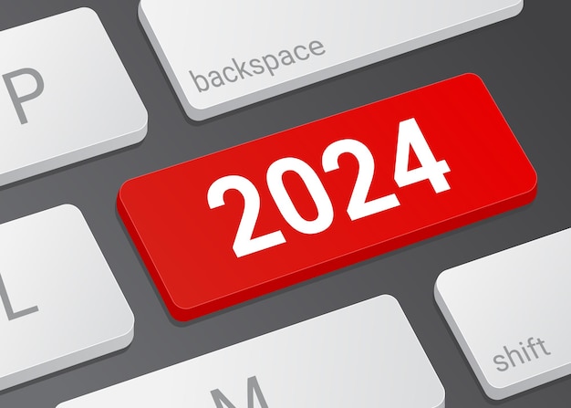 Vetor close-up do botão 2024 em uma ilustração realista de teclado branco moderno de um laptop