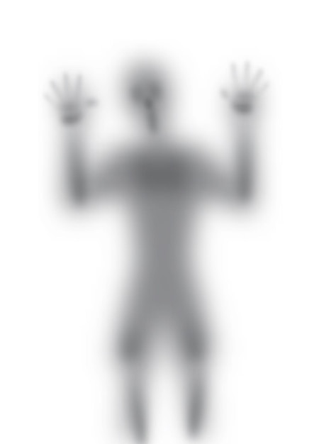 Close-up e borrado de sombra em forma de fantasma humano com fantasma fingido agindo em fundo branco