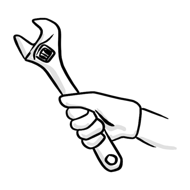 Vetor close-up mão segurando grande chave vetorial ilustração esboço mão desenhada com linhas pretas